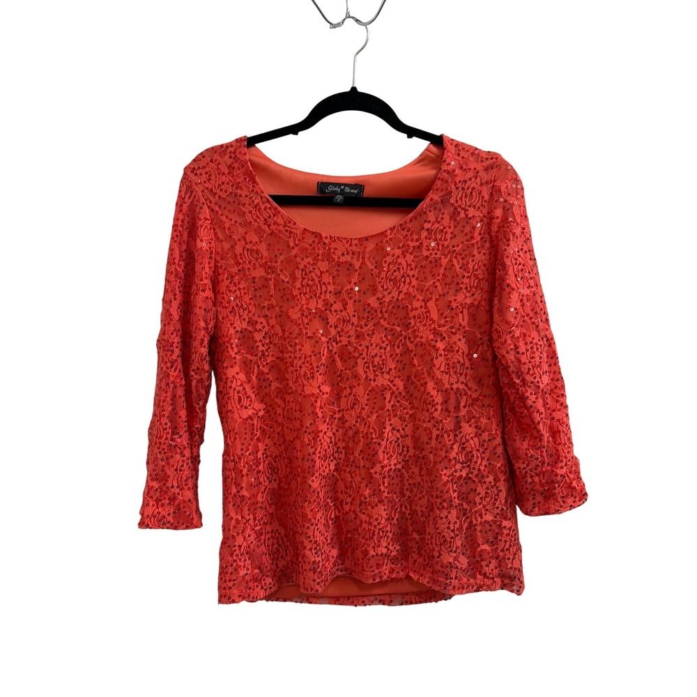 Slinky Brand Womens‎ Blush Coral Sequin Lace Top 3/4 Sleeve Scoop Neck Size S